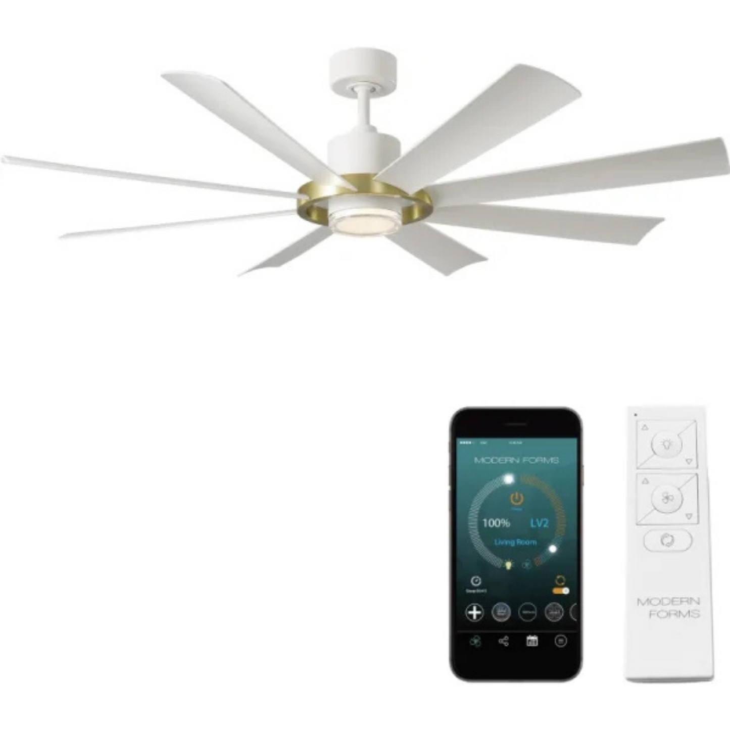 Ventilador de techo inteligente para interior o exterior MODERN FORMS AURA CEILING FAN 60IN CS SOFT BRASS/MATTE WHITE FR-W2303-60L-SB/MW (unidad)