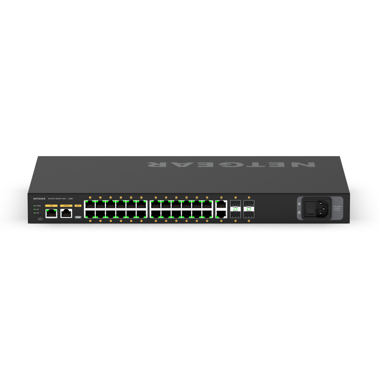 Switch de red 30 Puertos 24 + 2 + 4 AVB NETGEAR S-LINE 24+2+4 PORT AVB SWITCH WITH POE 300W SS42P-24XP2X4F (unidad)