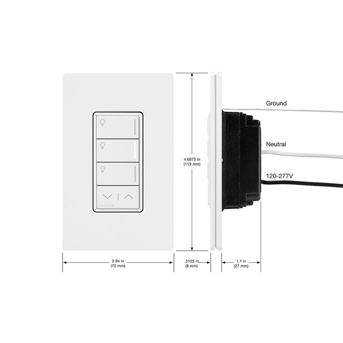 Botonera triple con aumento & disminución híbrida LUTRON SUNNATA RF Blanca RRST-HN3RL-WH (unidad)