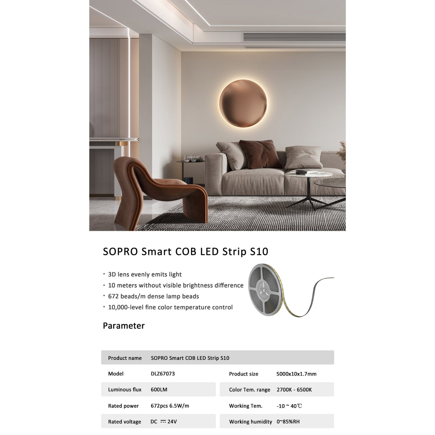 Cinta LED inteligente atenuable y regulable en color 2.700-6.500K Serie SOPRO ORVIBO Smart COB DLZ67073 x 5 metros (carrete)